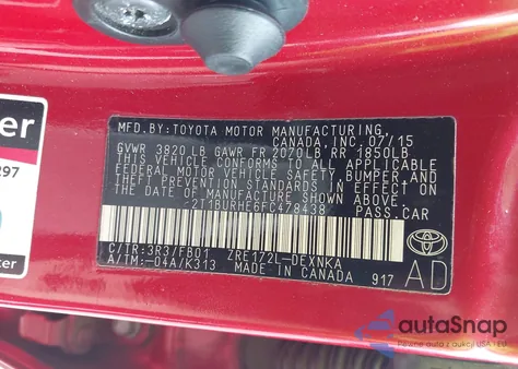 2015 Toyota Corolla Le from USA, damaged, VIN 2T1BURHE6FC478438